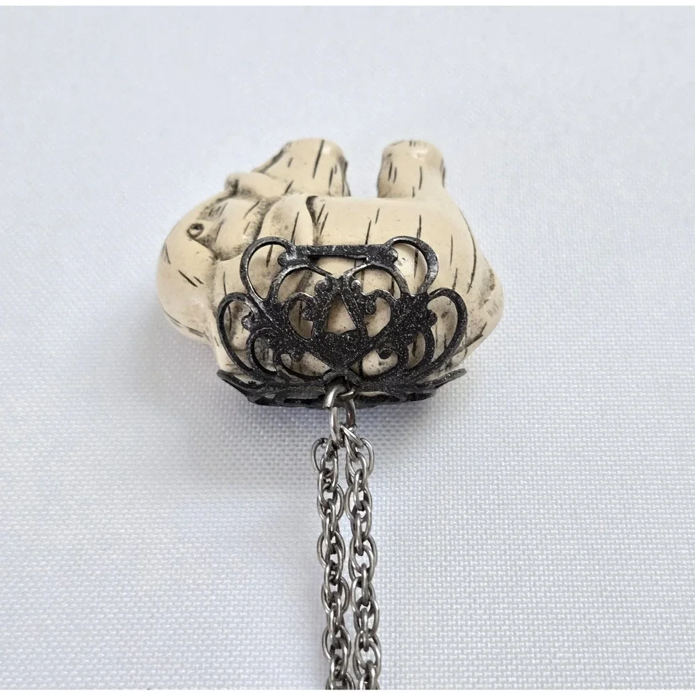 Vintage Elephant Necklace Carved Celluloid Pendant Silvertone Chain Classic Boho